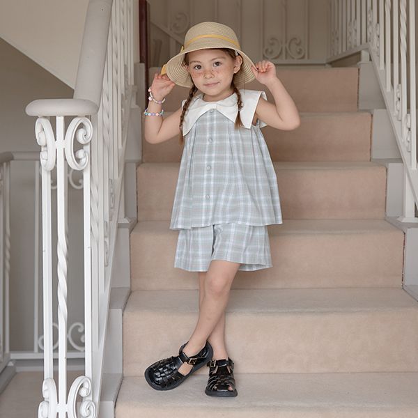 日本 Lycee mine - 可愛水手領無袖上衣-格子-粉紅