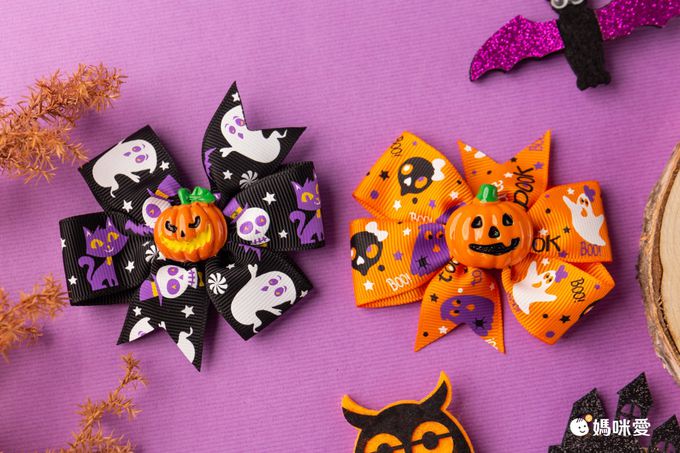 萬聖節蝴蝶結裝飾髮夾-生氣南瓜-橘色