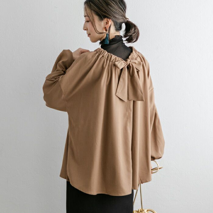 日本 ihuu - 甜美氣質後綁帶長袖上衣-橄欖綠