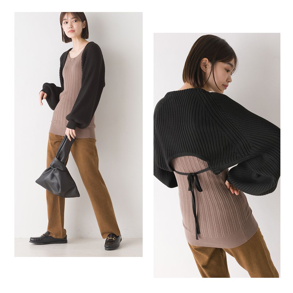 日本 OMNES - 羅紋後綁帶短版針織外套-經典黑