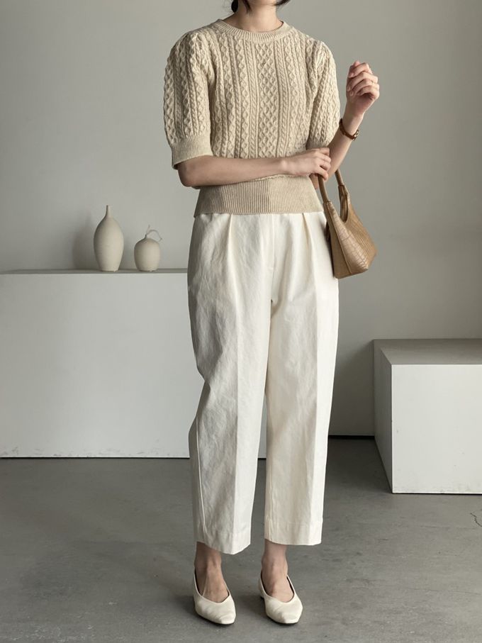 韓國女裝連線 - 麻花辮編織五分袖針織上衣-卡其 (FREE)