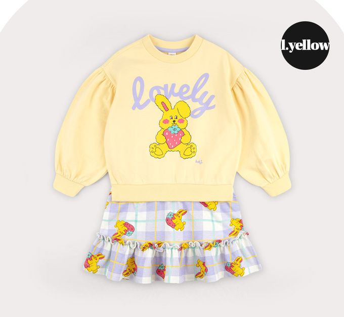 韓國 HEJMINI - 假兩件草莓兔娃娃印連身洋裝-黃X紫