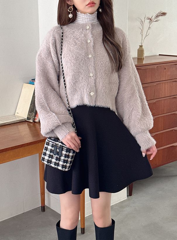 日本 GRL - 花朵珍珠釦毛絨外套-奶茶灰 (F)