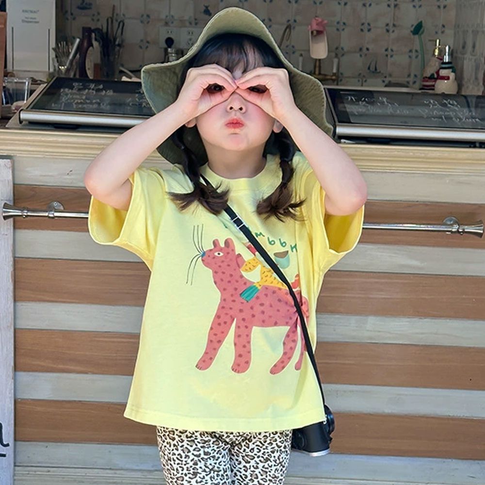 手繪風美式休閒純棉短袖上衣-黃色