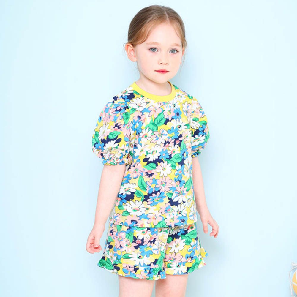 繽紛花印泡泡袖套裝-黃