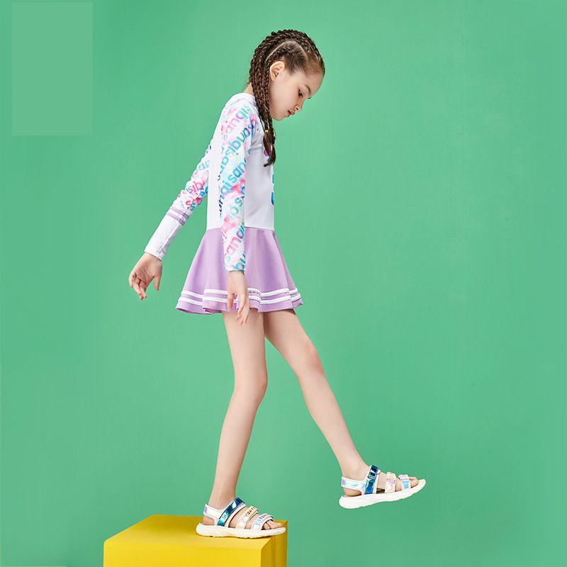 女寶運動風長袖連身裙泳衣-數字37-紫+白