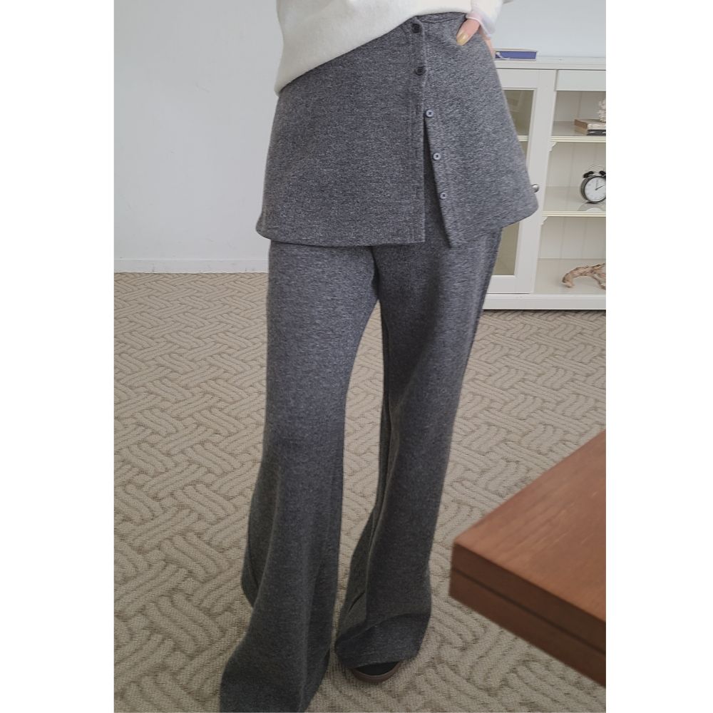 鬆緊腰造型遮臀小喇叭修身長褲-深灰 (FREE)