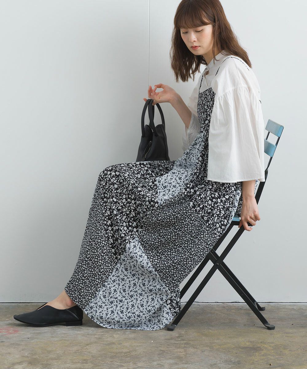 日本女裝代購 - 質感碎花拼接吊帶裙/洋裝-經典黑