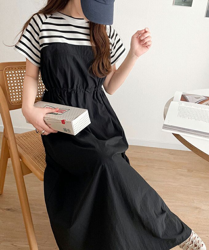 日本 Classical Elf - 法式袖拼接縮腰抽繩洋裝-卡其x淺灰