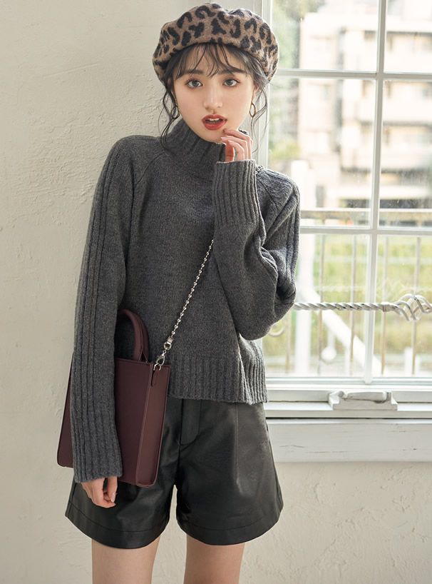 日本 GRL - 寬窄羅紋拼接高領針織毛衣-深灰