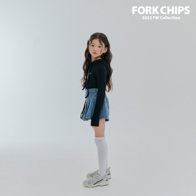 韓國 FORK CHIPS - 鬆緊腰不對稱百褶丹寧褲裙
