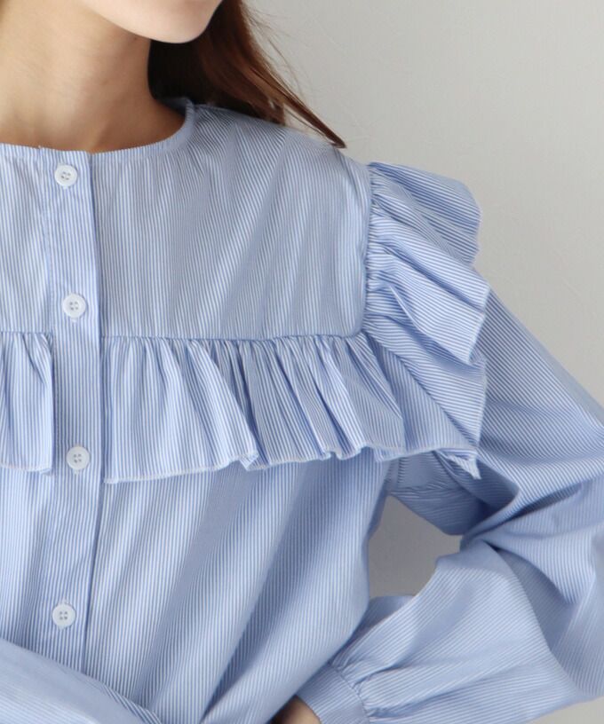 日本 BLUE EAST - 青澀回憶荷葉邊長袖襯衫-湖水綠