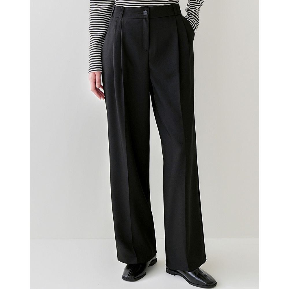 Domingoblue 鬆緊腰職感抓褶寬鬆西裝褲-黑