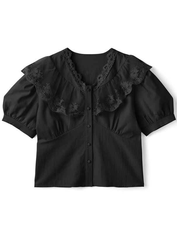 日本 GRL - 浪漫花蕾絲泡泡短袖排釦襯衫-白