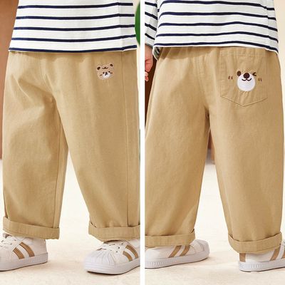CUTEPANDA'S - 純棉腰鬆緊休閒長褲-後童趣繡花口袋-卡其色