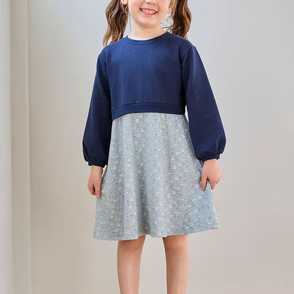 後背蝴蝶結假兩件式長袖洋裝-碎花-海軍藍X水藍