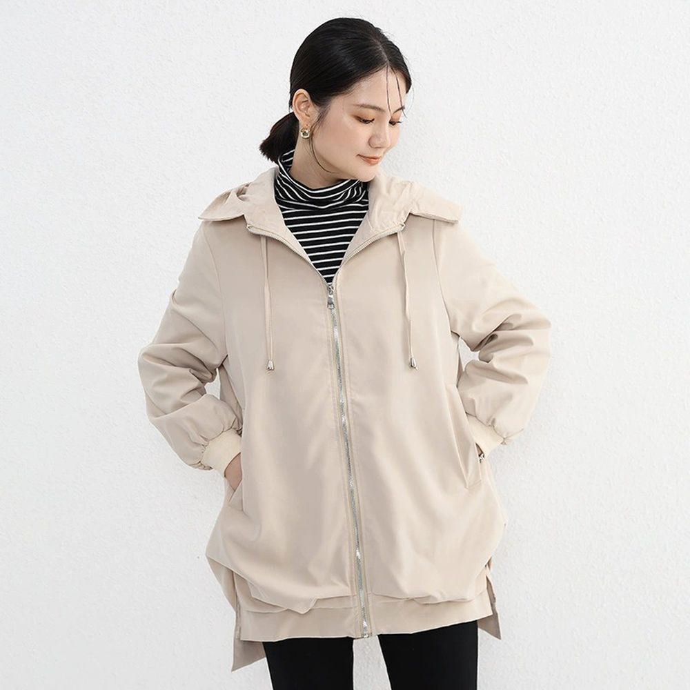 3D修身剪裁側開衩連帽風衣外套-淺杏