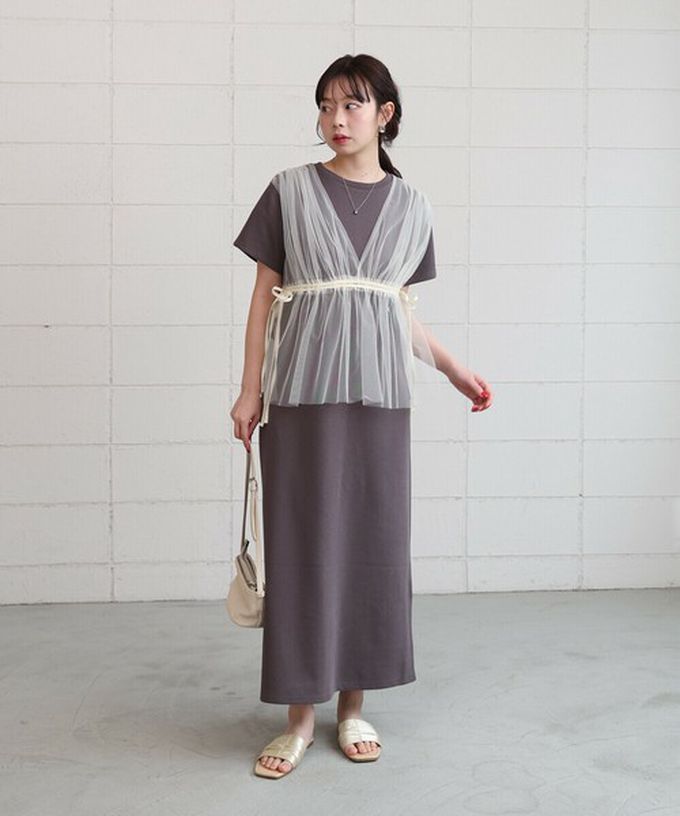 日本 Bab - 層次設計感薄紗拼接短袖洋裝-象牙