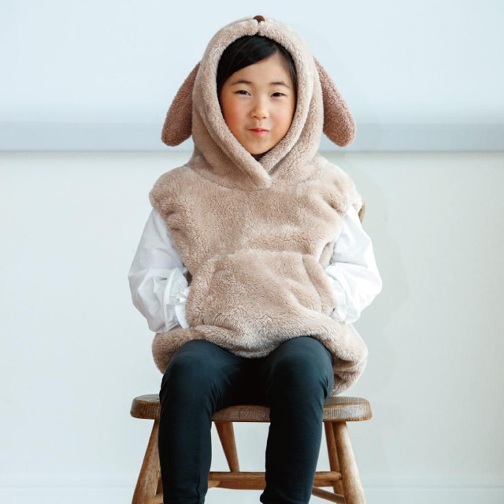 日本 BISQUE - 動物造型超柔軟大口袋連帽保暖背心-狗狗-卡其 (建議年齡2-5y)