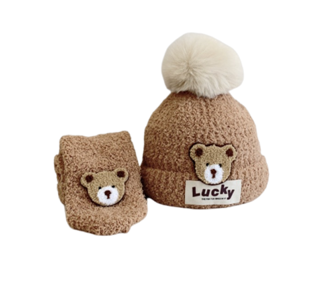 Love, Charlotte - 焦糖色小熊珊瑚絨保暖毛球帽配圍巾套組 (頭圍:46~50cm (建議年齡:1+))