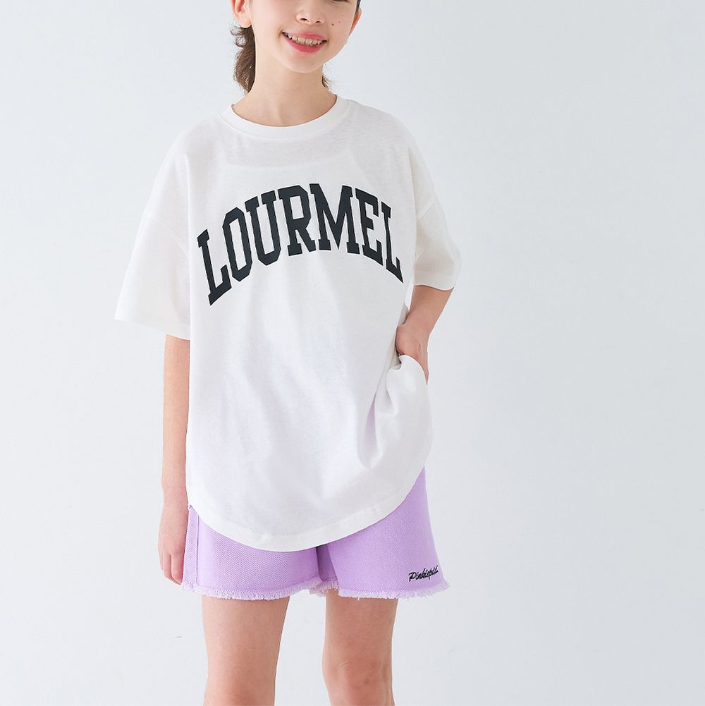 純棉學院風圓弧休閒短袖上衣(小孩)-法文字-白