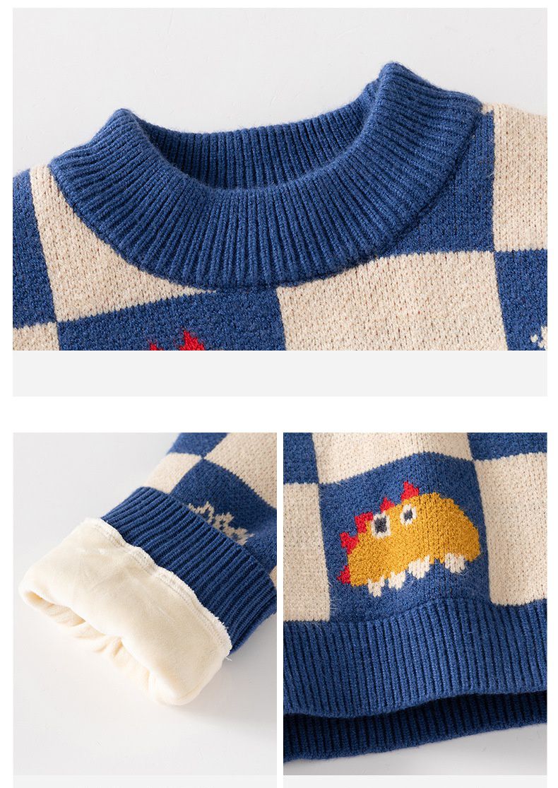 圓領保暖針織長袖上衣/毛衣-拼色格紋恐龍-藍色