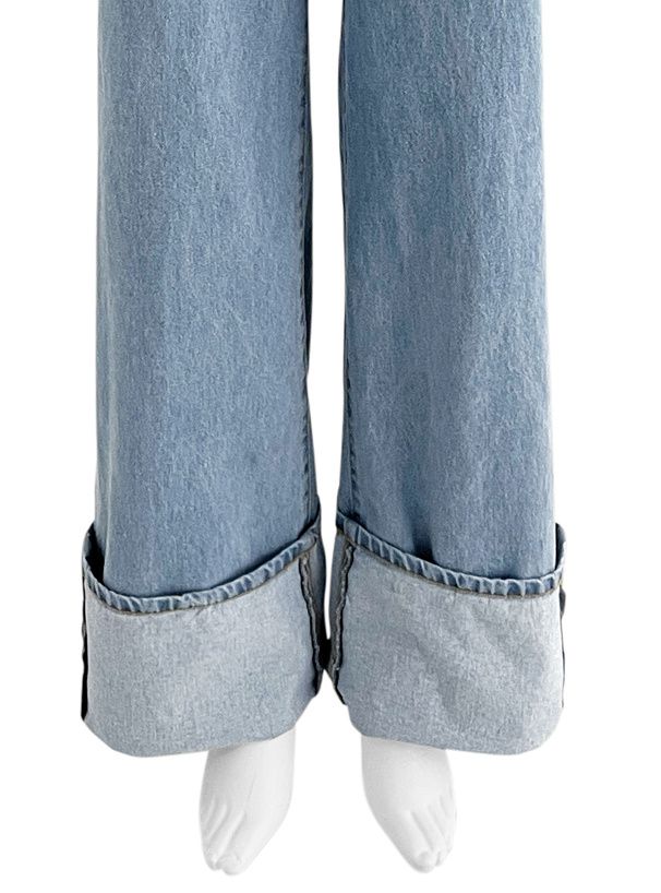 日本 GRL - 復古反折丹寧直筒褲-深藍