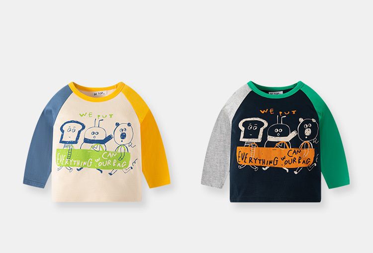 純棉圓領長袖上衣-吐司三兄弟-灰+深藍+綠