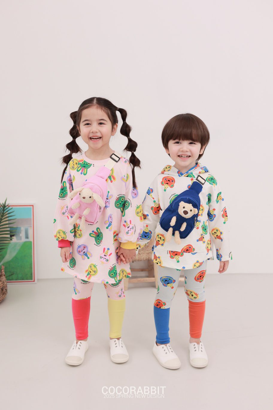 韓國 Coco rabbit - (附包包)彩色派對熊連帽上衣-象牙白｜媽咪愛