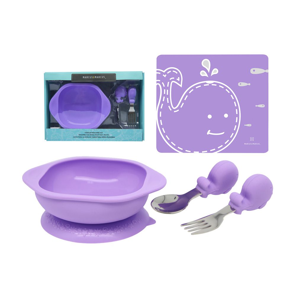 MARCUS＆MARCUS - 動物樂園寶寶握握學習禮盒餐墊組(握握禮盒+餐墊)-紫鯨魚