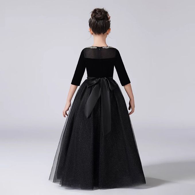 love, charlotte - 赫本風水鑽領口絲絨五分袖撒粉紗裙長禮服 - 黑色