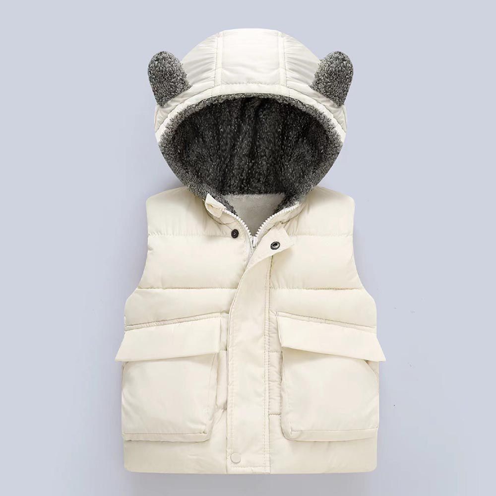 WELLKIDS - 加絨造型暖暖連帽背心-熊熊耳朵-米白色