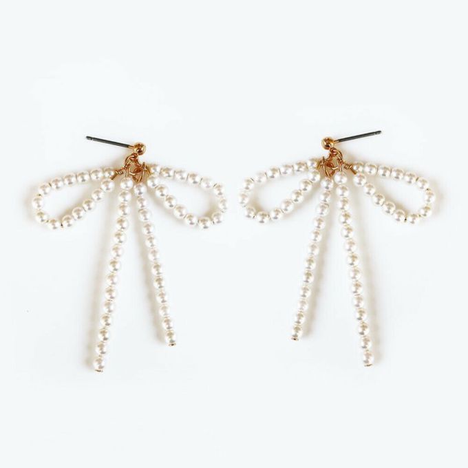 日本 Melody Accessory - 可愛感珍珠蝴蝶結耳環-金