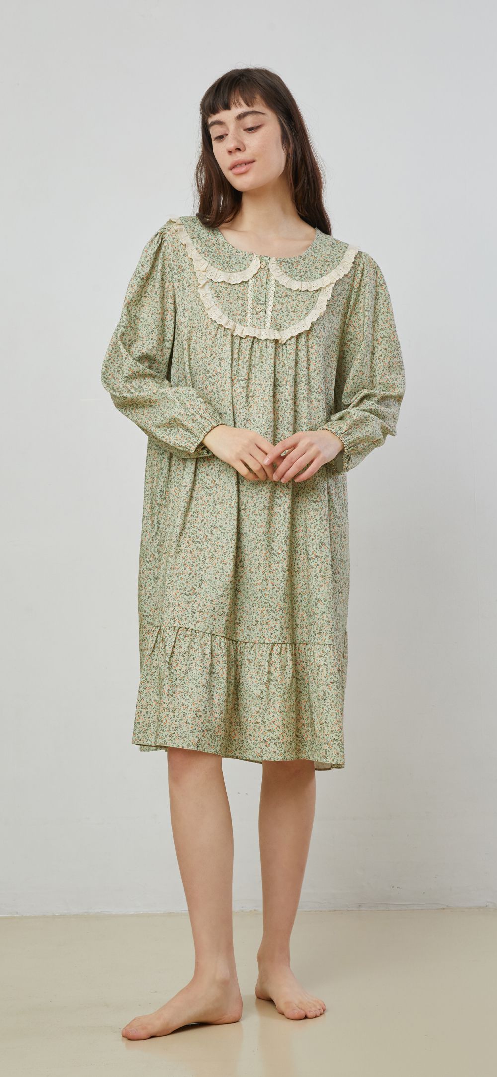 韓國 ULLALA - 浪漫碎花純棉長袖睡衣-(洋裝式)-薄荷綠 (FREE)