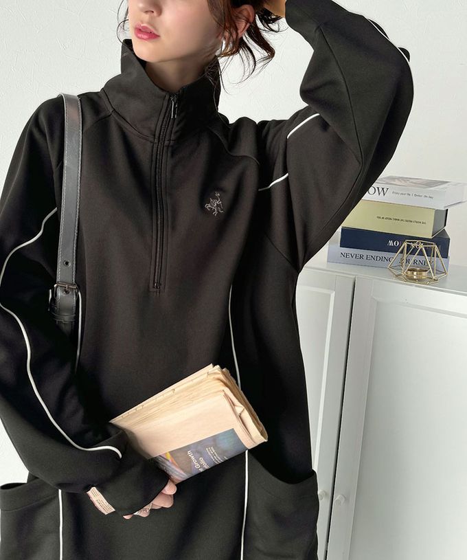 日本 Classical Elf - 異素材荷葉拼接半拉鍊寬版長袖洋裝-炭灰