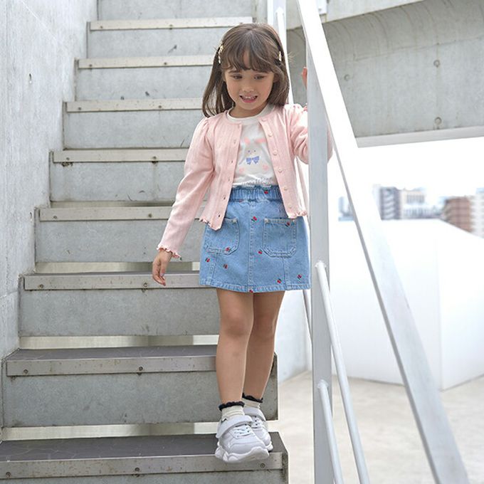 日本 Lycee mine - 甜美刺繡純棉丹寧風褲裙-櫻桃-淺藍