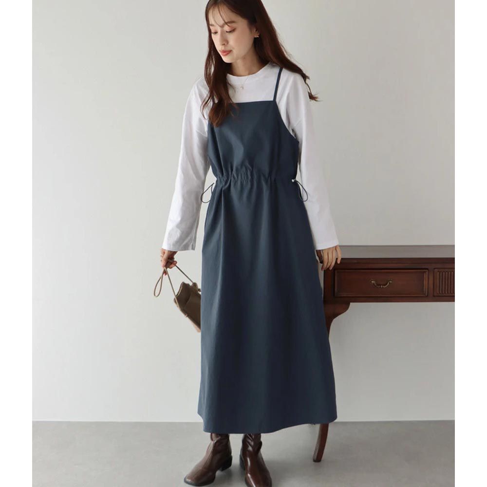 工裝風抽繩縮腰吊帶裙-石墨灰