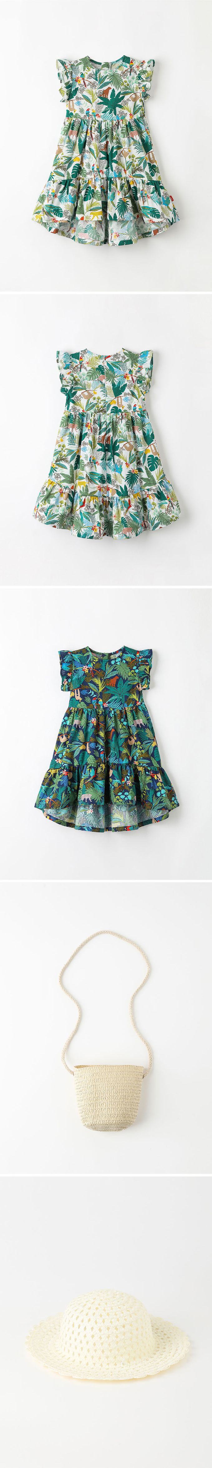 韓國 OZKIZ - (附包包帽子)熱帶棕櫚印飄逸荷葉袖洋裝-白X綠