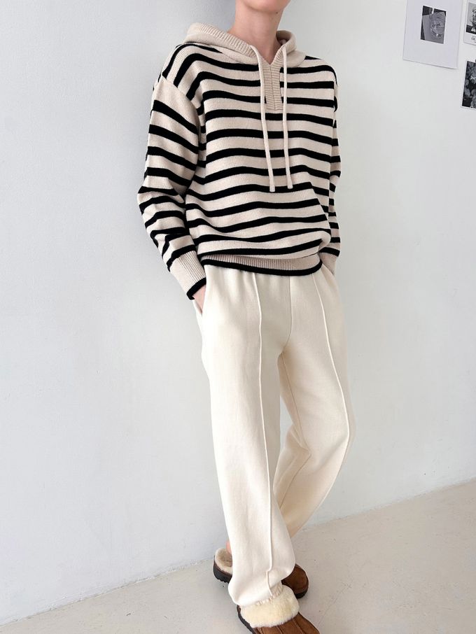 韓國女裝連線 - 經典條紋連帽長袖針織上衣-黑底 (FREE)