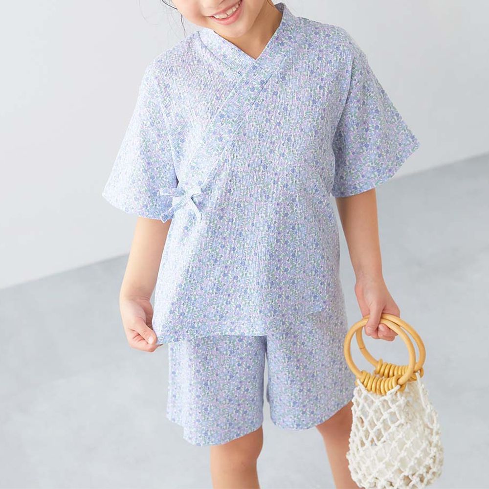 夏日風情涼爽紋理甚平套裝-普普花朵-紫