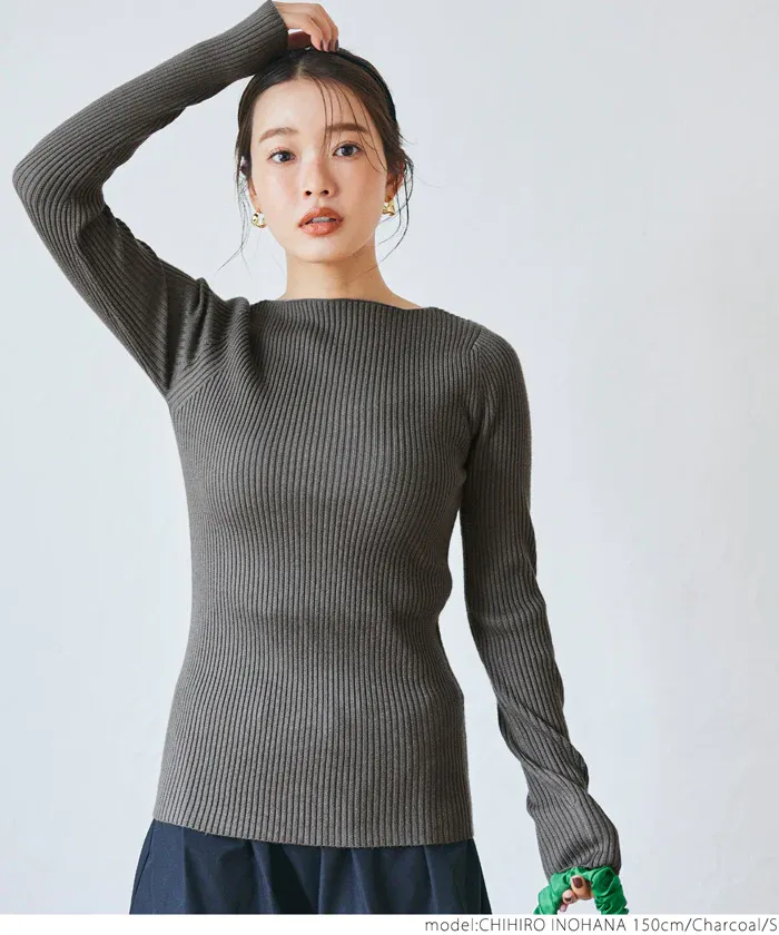 日本 COCA - 極上厚磅 彈性羅紋針織上衣-船型領-黑