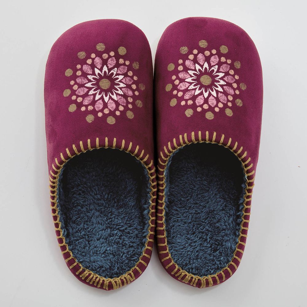日本千趣會 - 刷毛保暖室內拖鞋-綻放花朵-紫紅