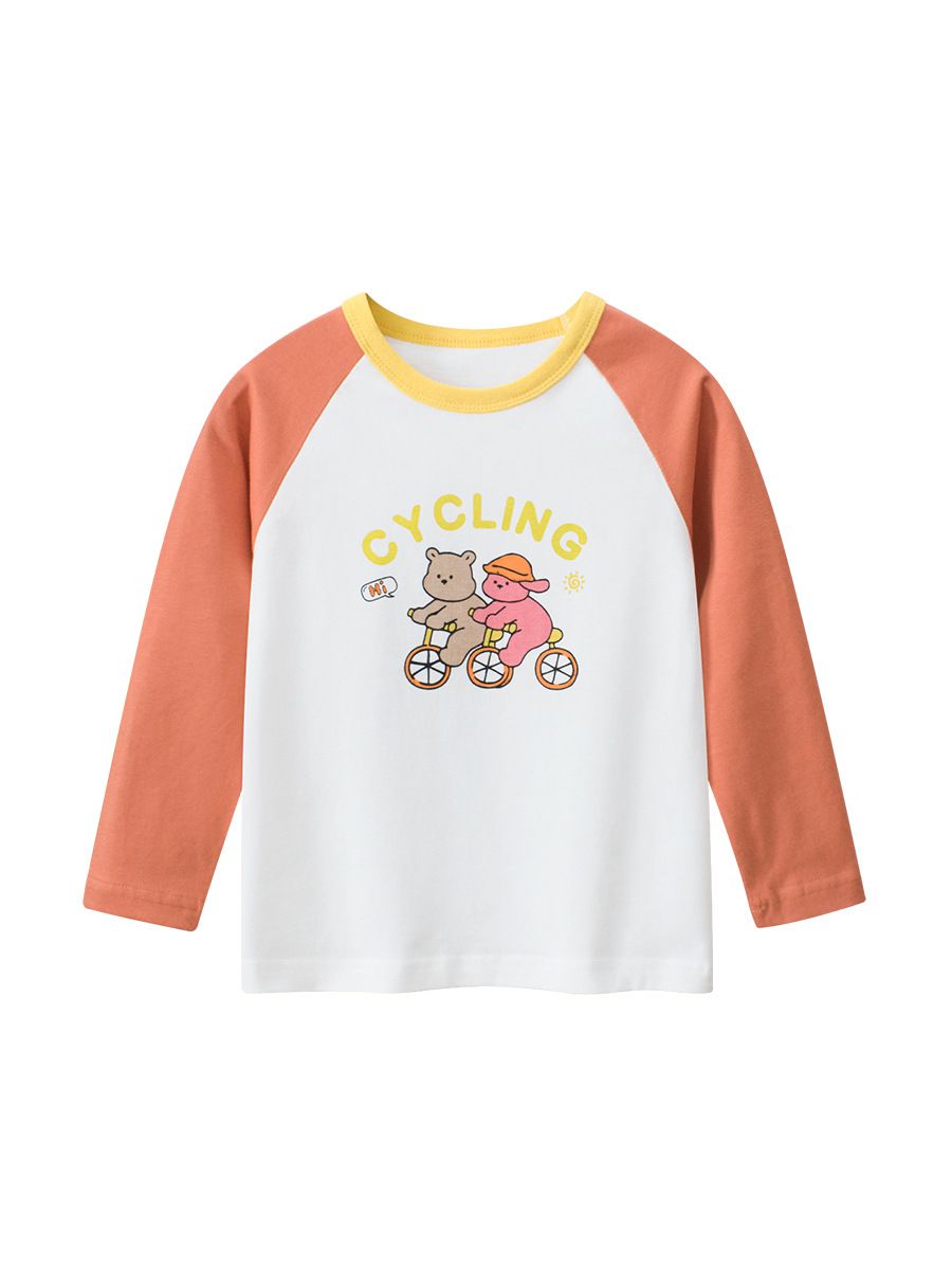 純棉圓領薄長袖上衣-熊熊狗狗好朋友-米白+深橘