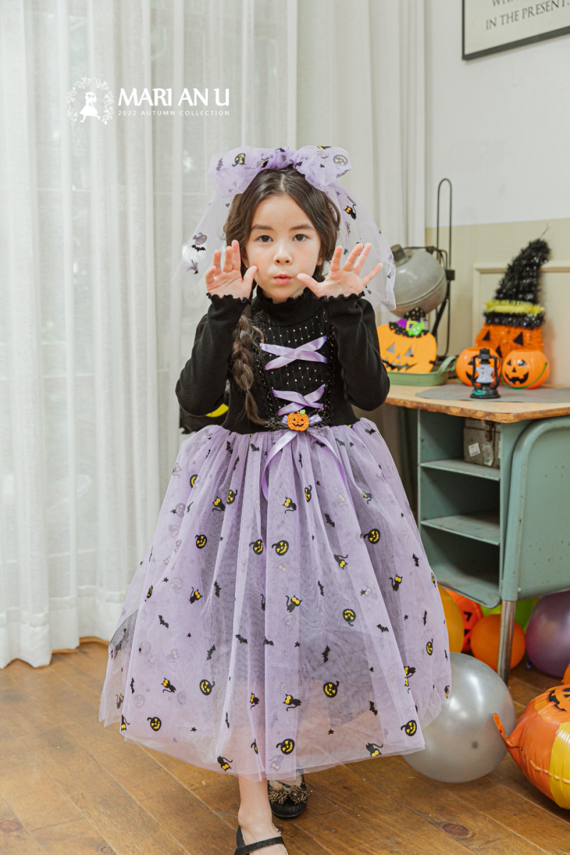 韓國 Mari an u - 萬聖節魔女南瓜網紗洋裝-黑X紫
