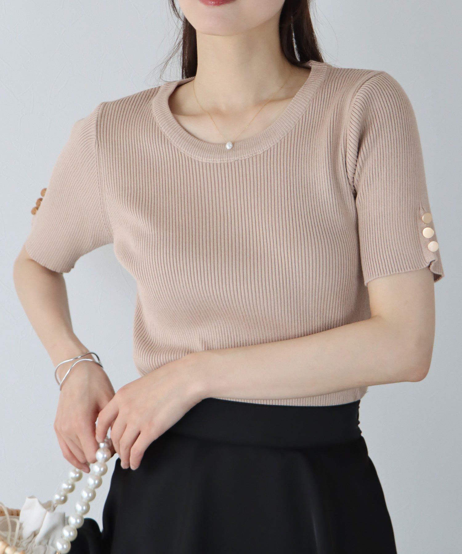 日本 BLUE EAST - 圓領金釦羅紋短袖上衣-白