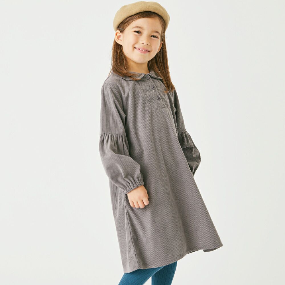 日本 evercloset - 甜美圓領燈芯絨澎澎長袖洋裝-炭灰