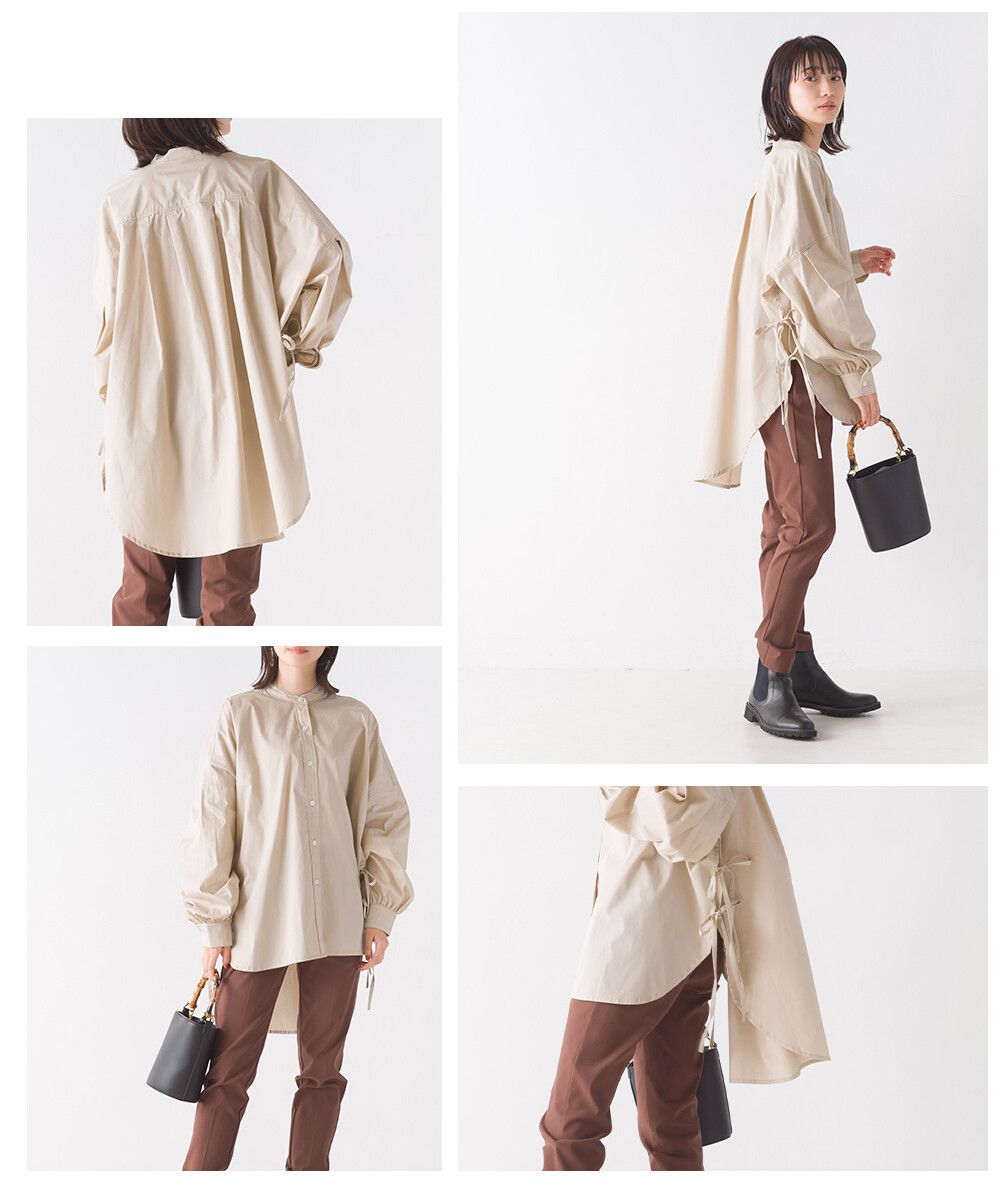 日本 OMNES - 優雅側綁帶立領氣球袖襯衫-時尚黑