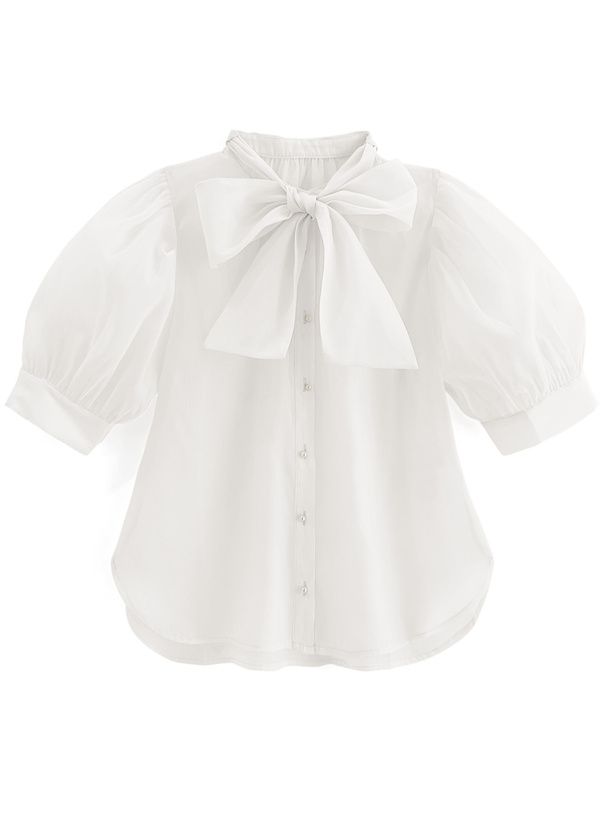 日本 GRL - 優雅光澤感蝴蝶結短袖襯衫-石墨灰 (F)