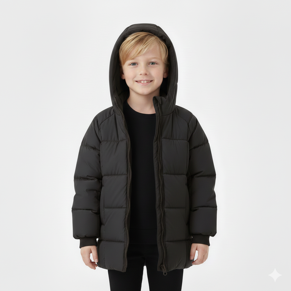 中長款保暖鋪棉連帽外套-格子壓紋-黑色