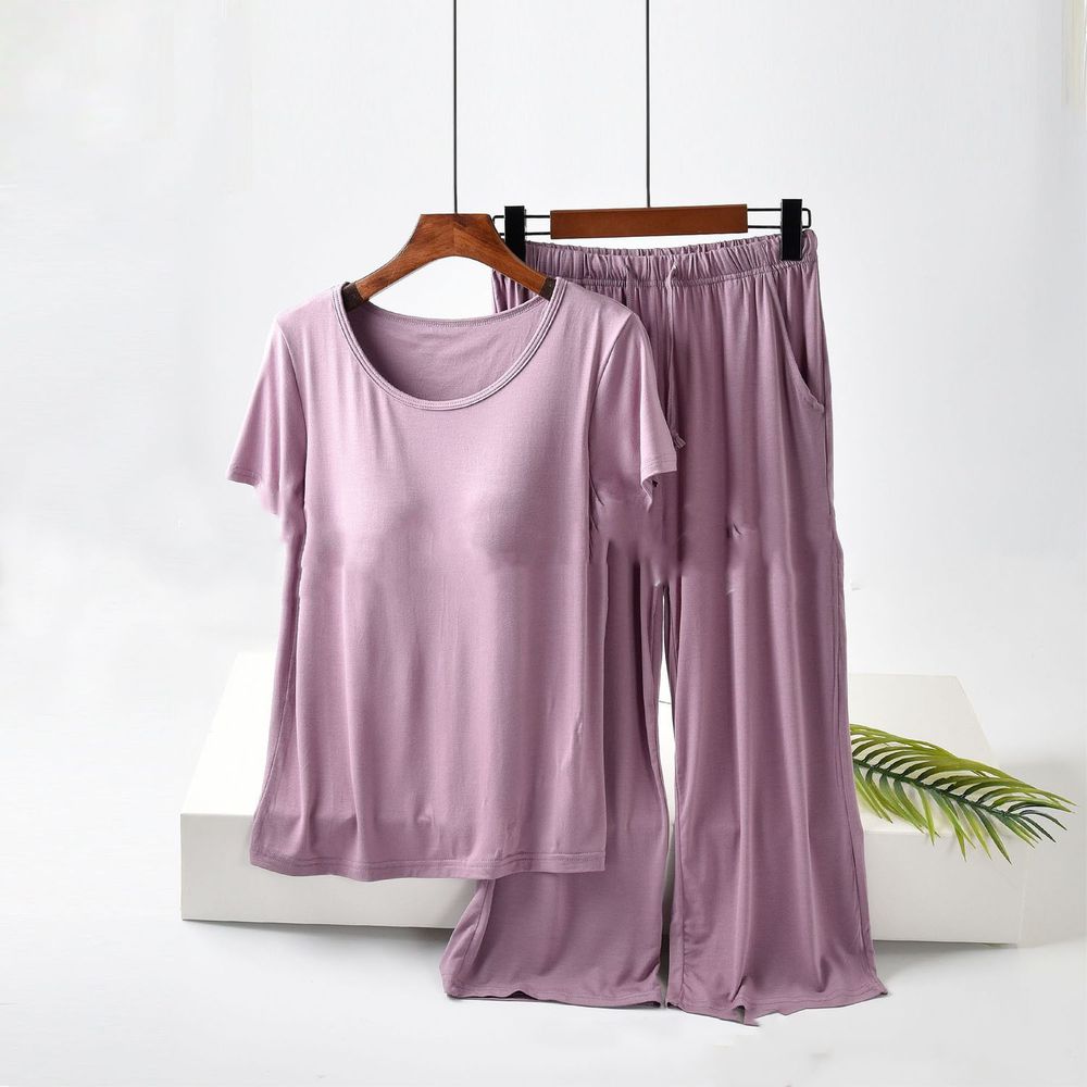 莫代爾柔軟涼感Bra T家居服-七分褲套裝-紫色